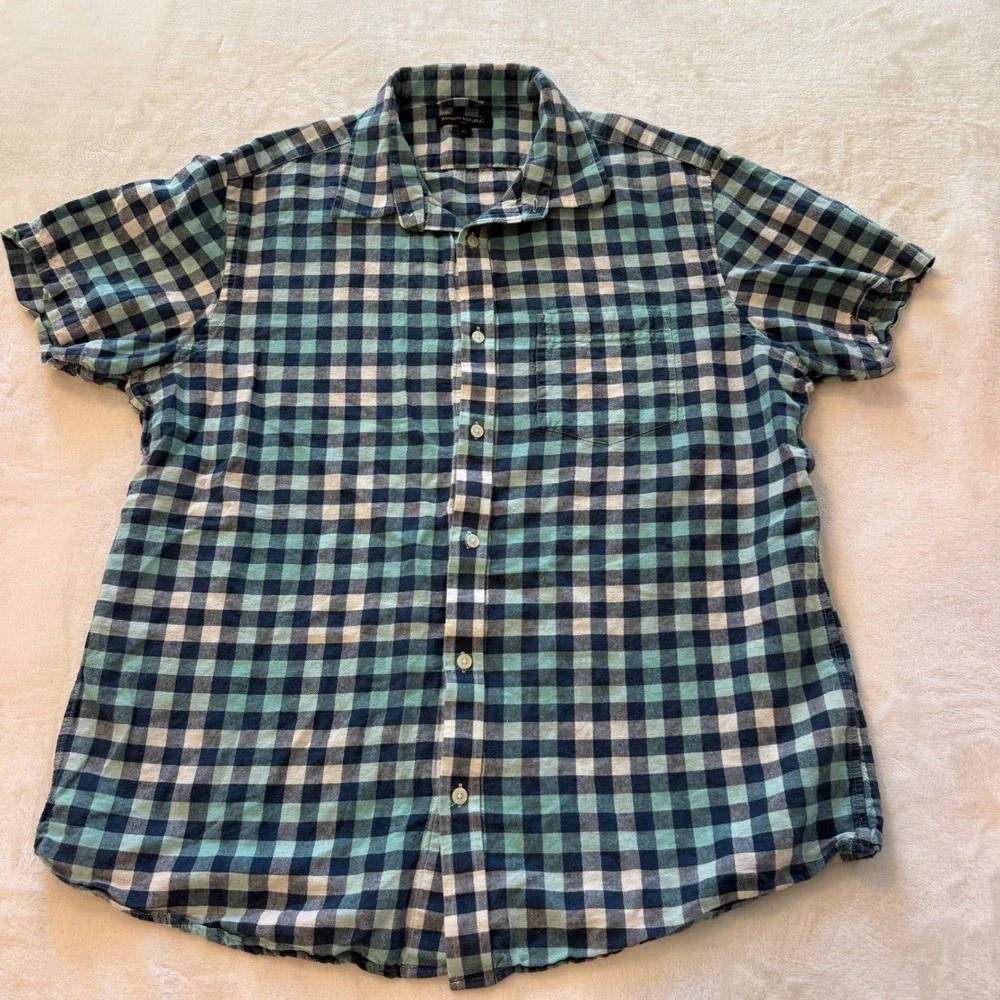 Banana Republic‎ Mens XL Blue Green Plaid Short Sleeve Button Up Shirt Linen